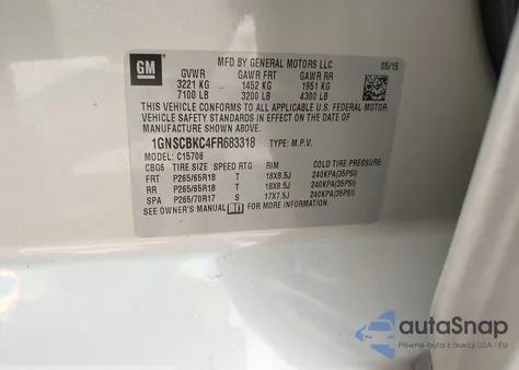 2015 Chevrolet Tahoe Lt из США, поврежденный, VIN 1GNSCBKC4FR683318